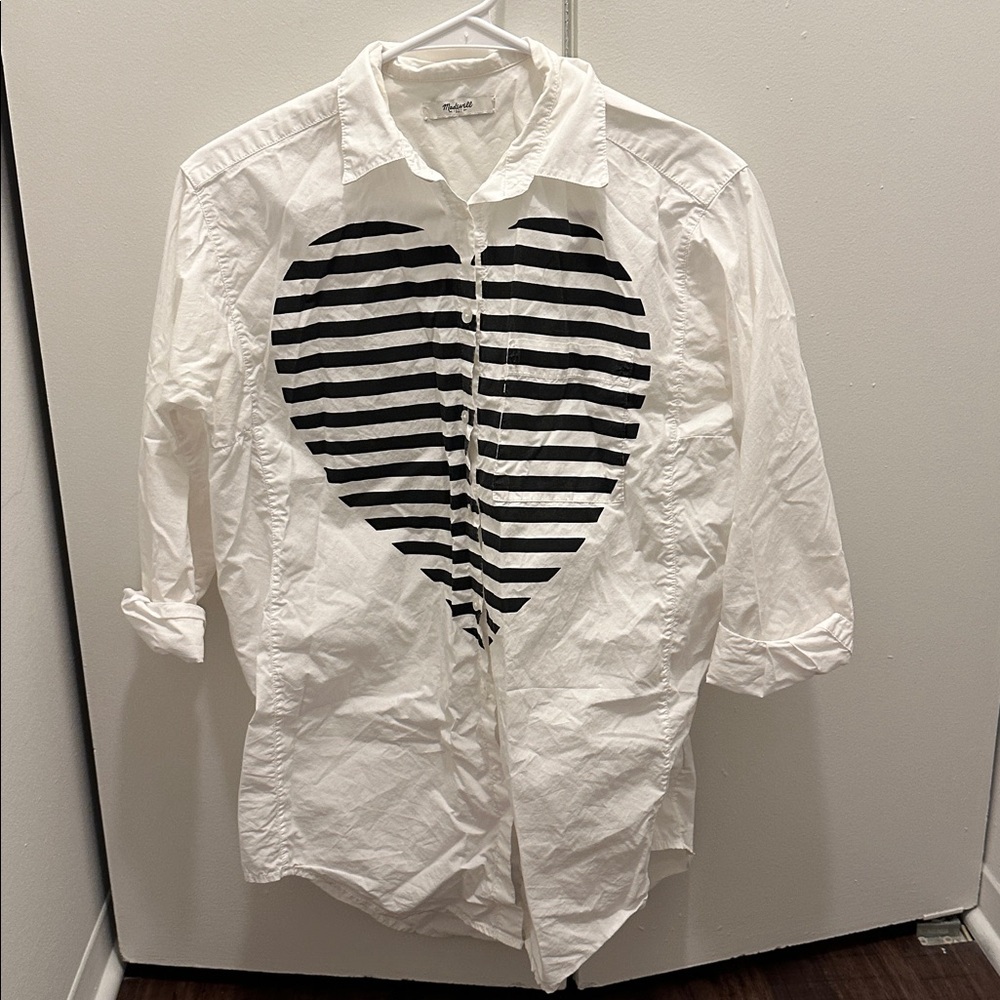 Madewell White Button Down with Black Striped Heart